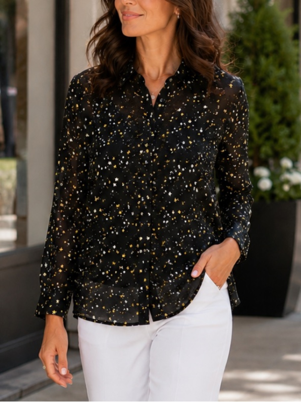 CAbi Black Sheer Star & Dot Print Button-Front Blouse